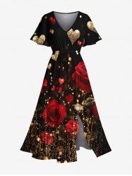 Robe midi trapèze grande taille à imprimé cœur pailleté rose et fleurs, style Saint-Valentin, avec poches fendues - Noir S