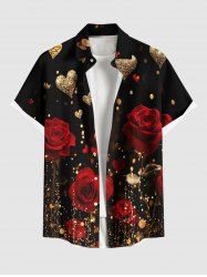 Plus Size Rose Flower Glitter Heart Print Valentines Button Pocket Shirt For Men -  