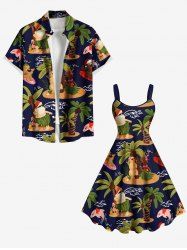 Coconut Tree Snowman Flamingo Sea Waves Print Plus Size Matching Hawaii Beach Outfit For Couples -  