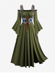 Plus Size Plaid Print Lace Up Split Ruched Bust 2 in 1 Corset A Line Dress -  