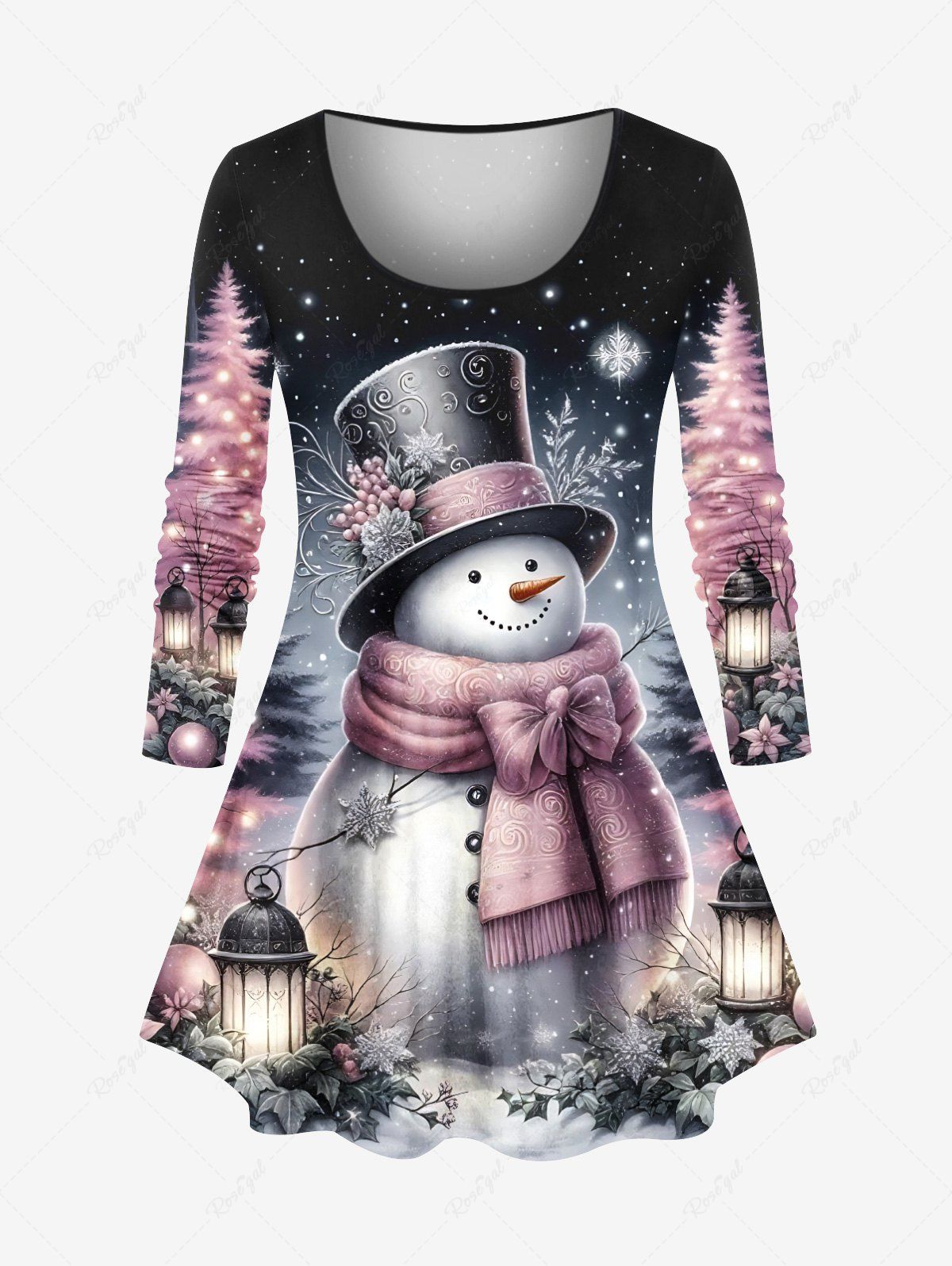 Sale Plus Size Christmas Tree Snowman Snowflake Flowers Glaxy Print Long Sleeves T-shirt  