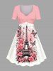 Ensemble de plage assorti grande taille à imprimé papillons et fleurs Tour Eiffel pour couples, style hawaïen - Blanc 