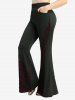 Ruffles Collar Full Buttons Ruched Ribbed Top and Skulls Mesh Patchwork Pockets Flare Pants Plus Size Outfit -  