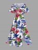 Ensemble de plage hawaïen assorti grande taille pour couples, imprimé cocotier, hibiscus et feuilles de mer - Bleu Ciel 