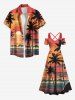 Tenue de plage hawaïenne assortie pour couples, imprimé coucher de soleil sur cocotier et vagues, grandes tailles - Orange 