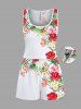 Ensemble hawaïen assorti chemise et barboteuse grande taille, tenue de plage à imprimé feuilles tropicales et hibiscus pour couples - Blanc 