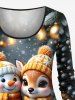 T-shirt à manches longues pour femme, grande taille, motif boule de Noël, bonhomme de neige et élan - Noir 4X