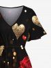 Robe midi trapèze grande taille à imprimé cœur pailleté rose et fleurs, style Saint-Valentin, avec poches fendues - Noir M
