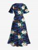 Robe mi-longue hawaïenne fendue à imprimé feuilles et fleurs d'hibiscus grande taille - Bleu Marine M