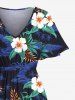 Plus Size Hibiscus Flowers Leaf Print Split Hawaii Midi Dress -  