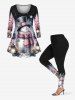 Plus Size Christmas Tree Snowman Snowflake Flowers Glaxy Print Long Sleeves T-shirt -  