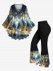 Plus Size Christmas Tree Snowflake Light Print Lattice Crisscross Flare Sleeve T-shirt -  