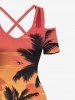 Plus Size Coconut Tree Sunset Sea Waves Print Cold Shoulder Crisscross Hawaii Maxi Dress -  