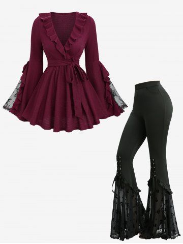 Ensemble composé d&#39;un haut à manches évasées à volants en patchwork de dentelle florale et d&#39;un pantalon à poches lacées et imprimé têtes de mort - DEEP RED