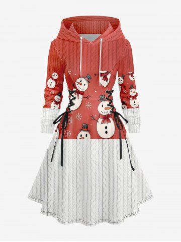 Robe à capuche grande taille de Noël avec bonhomme de neige et flocons de neige, en maille torsadée imprimée 3D, à lacets et cordon de serrage - RED - 4X