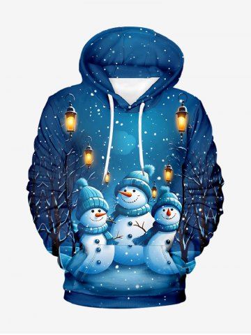 Plus Size Christmas Snowman Snowflake Print Pocket Drawstring Hoodie For Men - SKY BLUE - 7XL