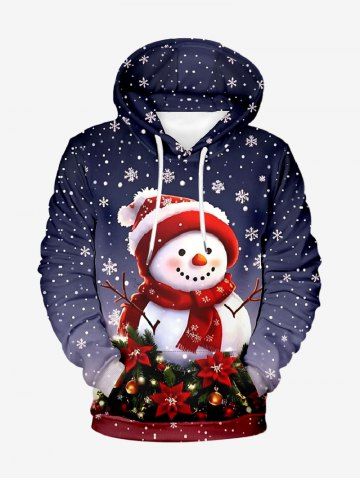 Plus Size Christmas Snowman Snowflake Flowers Ball Print Pocket Drawstring Hoodie For Men - PURPLE - 7XL