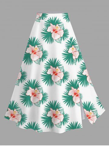 Jupe hawaïenne fendue à imprimé de feuilles tropicales et fleurs d&#39;hibiscus grande taille - GREEN - L