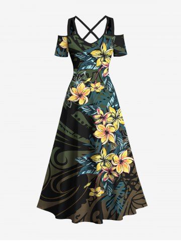 Robe longue hawaïenne à imprimé feuilles tropicales et fleurs d&#39;hibiscus, épaules dénudées et bretelles croisées, grande taille - BLACK - XS
