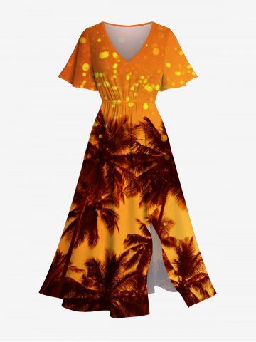 Robe mi-longue fendue hawaïenne à imprimé ombré ciel et cocotiers grande taille - ORANGE - 5X