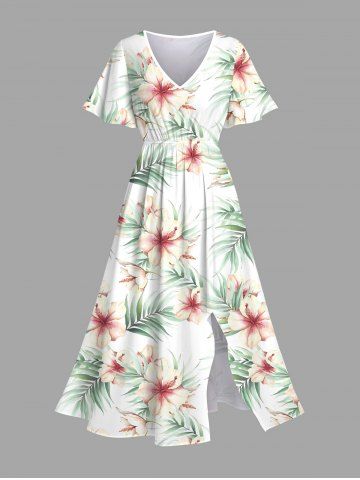 Robe mi-longue fendue hawaïenne à imprimé feuilles tropicales et fleurs d&#39;hibiscus, grande taille - WHITE - 5X