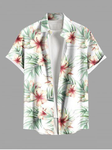 Plus Size Hibiscus Flower Tropial Leaf Print Buttons Pocket Hawaii Shirt For Men - WHITE - L