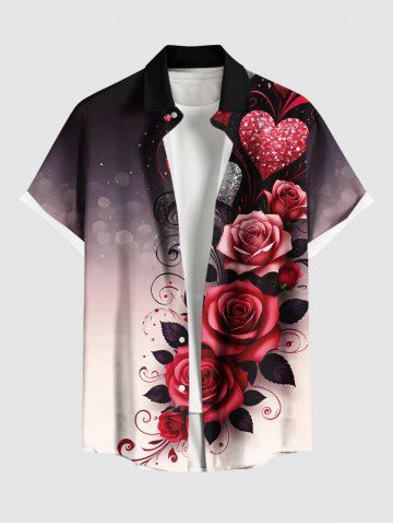 Plus Size Rose Flower Heart Dip Dye Ombre Print Valentines Button Pocket Shirt For Men - BLACK - 6XL