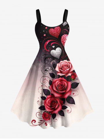 Plus Size Rose Flower Heart Dip Dye Ombre Print Valentines A Line Dress - BLACK - 4X