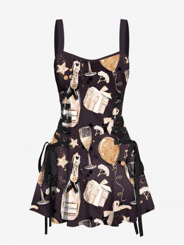 Party New Years Eve Gift Balloon Bowknot Wine Print Lace Up A Line Dress - BLACK - XS