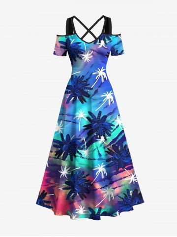 Robe longue grande taille à imprimé ombré coloré et motif cocotier hawaïen, épaules dénudées et croisée trapèze - SKY BLUE - L