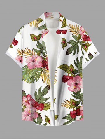 Plus Size Tropical Leaf Hibiscus Flower Print Hawaii Button Pocket Shirt For Men - WHITE - S