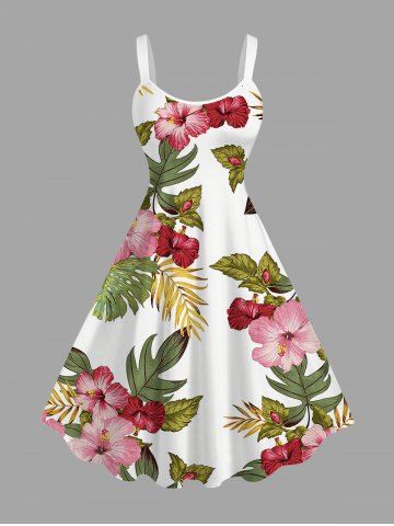 Robe trapèze hawaïenne à imprimé floral tropical et feuilles d&#39;hibiscus grande taille - WHITE - 2X