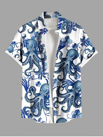 Chemise hawaïenne à poches boutons, imprimé pieuvre et fleurs d'hibiscus, grande taille, pour homme - SKY BLUE - 4XL