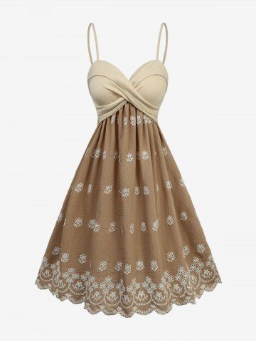 Flower Embroidery Striped Crossover A Line Cami Dress - TAN - XXL