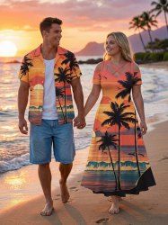 Tenue de plage hawaïenne assortie pour couples, imprimé coucher de soleil sur cocotier et vagues, grandes tailles - Orange 