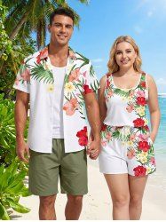 Ensemble hawaïen assorti chemise et barboteuse grande taille, tenue de plage à imprimé feuilles tropicales et hibiscus pour couples - Blanc 