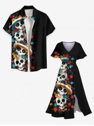 Ensemble de plage hawaïen assorti grande taille à imprimé floral coloré et tête de mort pour couples - Noir 