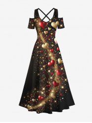 Robe longue à épaules dénudées et bretelles croisées, imprimé 3D cœurs et étoiles pailletés, grande taille, pour la Saint-Valentin - Noir S