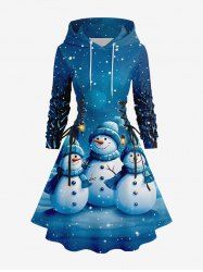 Plus Size Christmas Snowman Snowflake Print Lace Up Drawstring Hoodie Dress -  