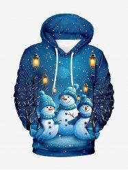Plus Size Christmas Snowman Snowflake Print Pocket Drawstring Hoodie For Men -  