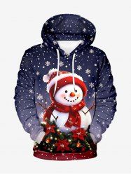 Plus Size Christmas Snowman Snowflake Flowers Ball Print Pocket Drawstring Hoodie For Men -  