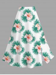 Jupe hawaïenne fendue à imprimé de feuilles tropicales et fleurs d'hibiscus grande taille - Vert 6X