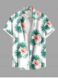 Plus Size Hibiscus Flowers Tropical Leaf Print Buttons Pocket Hawaii Shirt For Men -  