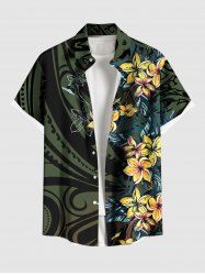 Chemise hawaïenne grande taille pour homme, à imprimé feuilles tropicales et fleurs d'hibiscus, boutons et poche. - Noir XL