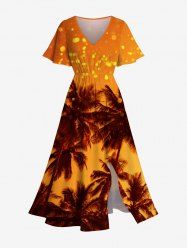 Robe mi-longue fendue hawaïenne à imprimé ombré ciel et cocotiers grande taille - Orange 4X