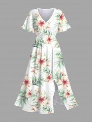 Robe mi-longue fendue hawaïenne à imprimé feuilles tropicales et fleurs d'hibiscus, grande taille - Blanc 4X