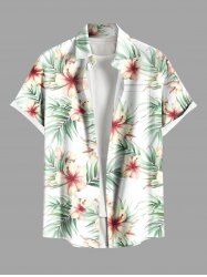 Plus Size Hibiscus Flower Tropial Leaf Print Buttons Pocket Hawaii Shirt For Men - Blanc XL