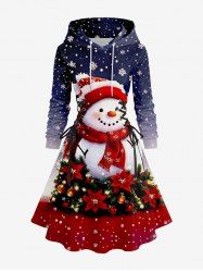 Plus Size Christmas Snowman Snowflake Flowers Ball Print Lace Up Drawstring Hoodie Dress -  