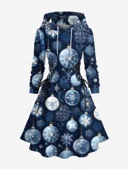 Plus Size Christmas Ball Snowflake Print Lace Up Drawstring Hoodie Dress -  