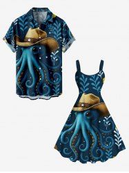 Octopus Hat Leaf Branch Print Plus Size Matching Hawaii Beach Outfit For Couples -  